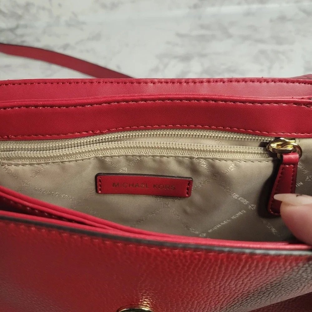 Michael Kors Red‎ Pebbled Leather Studded Flap Crossbody Bag Gold Hardware